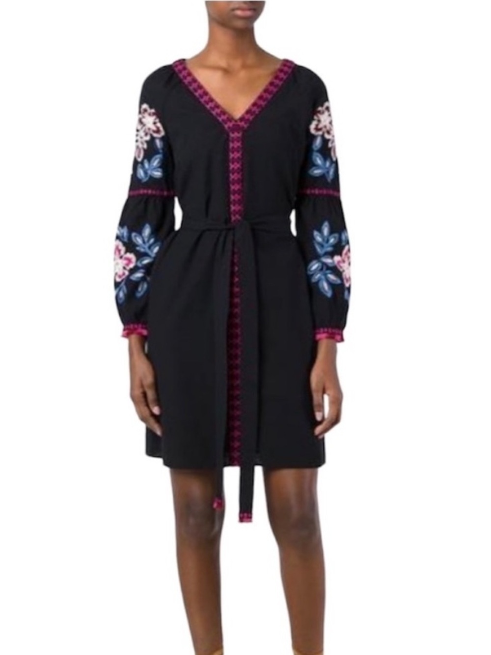 Tory Burch Theresa Embroidered Dress Black Pink Floral Tie Waist Size 6 Bohemian